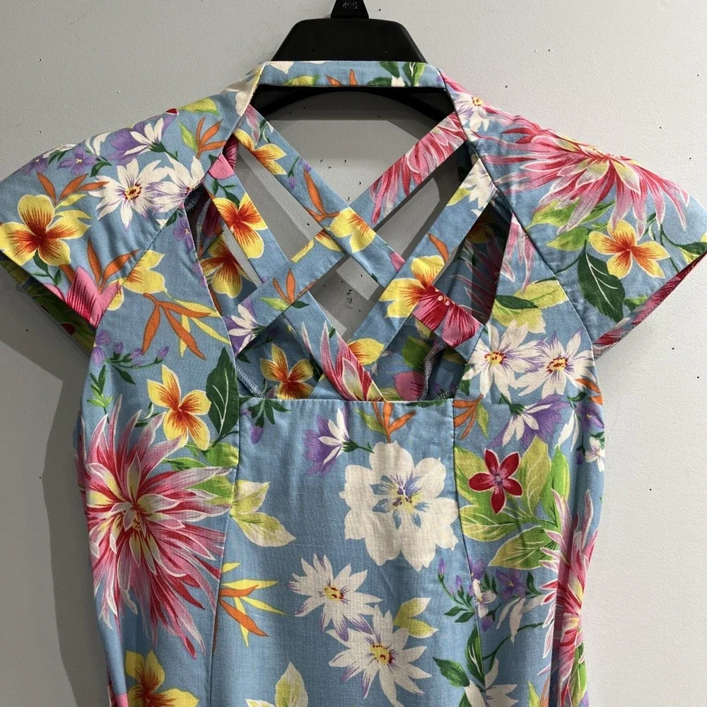 Vintage Scarlett Dress Womens 5/6 Blue Tropical‎ Floral Button Front Maxi Resort